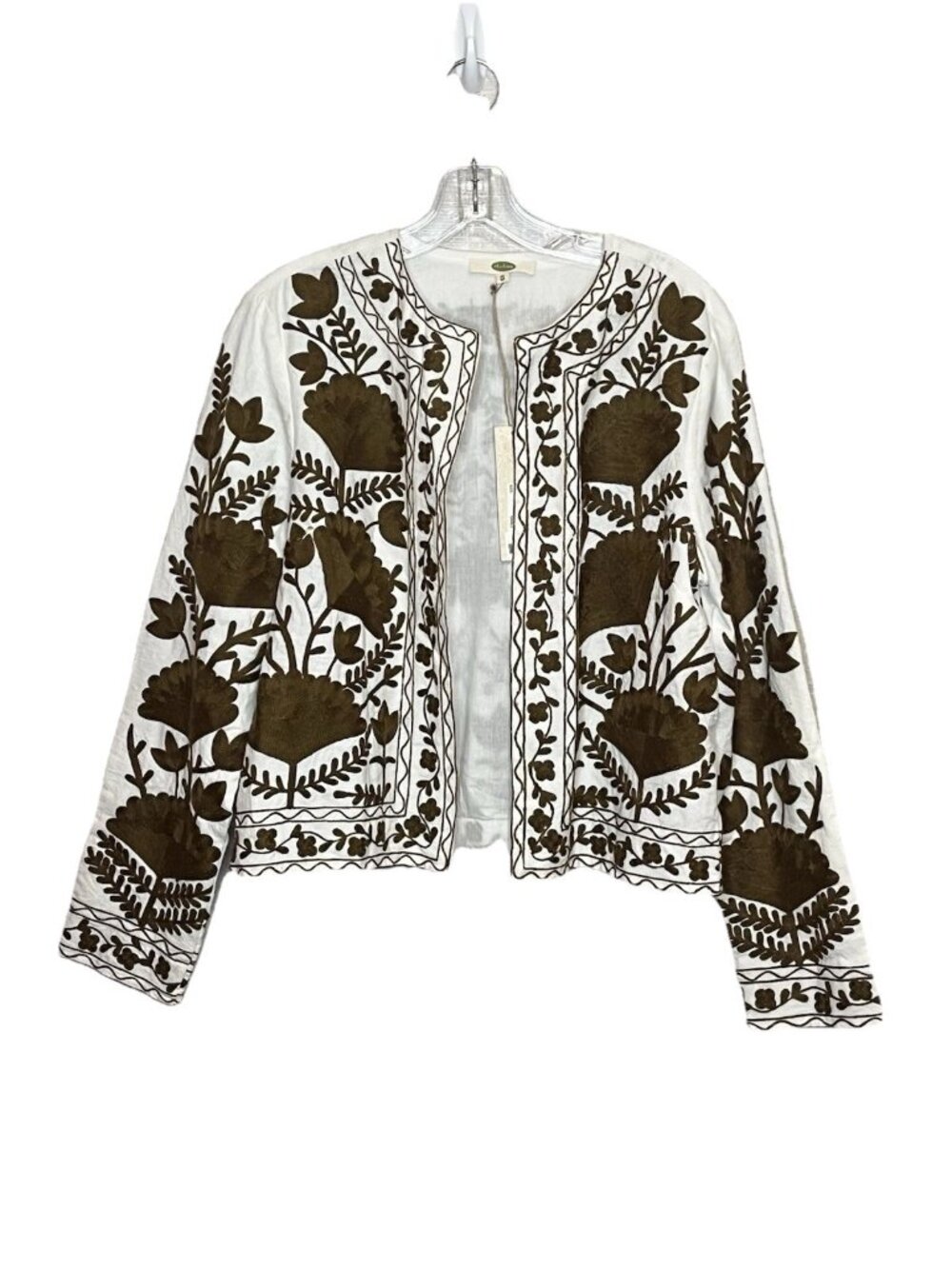 Dolma White Brown Floral Embroidered Cotton Jacket Boho Coastal Sz Small NWT